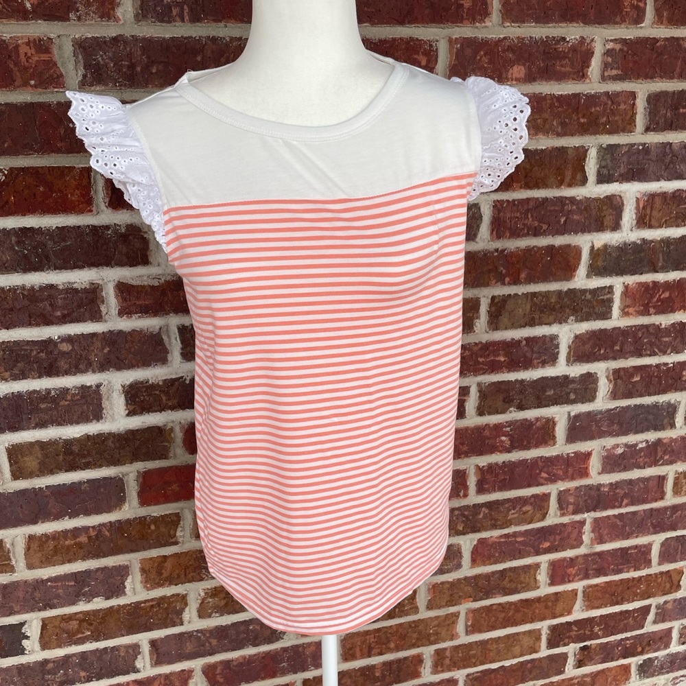 Ladies Peach Stripe Eyelet Flutter Sleeve Top Size Small